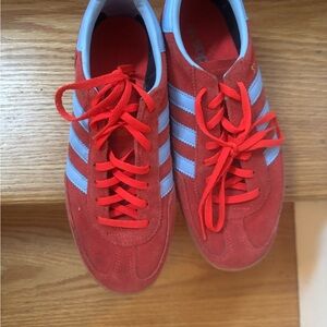 adidas Red Suede Sneakers with Light Blue Stripes-Samba